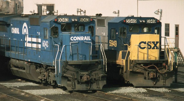 Conrail and CSX diesels, Acca Yard, Virginia, 1992