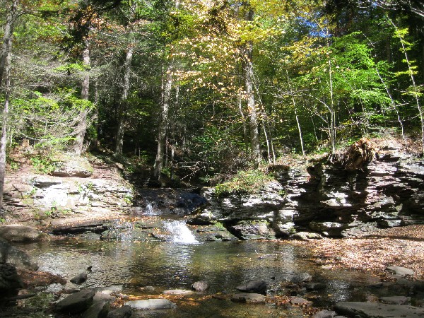 Waterfall, rocks, and a hint of fall foliage