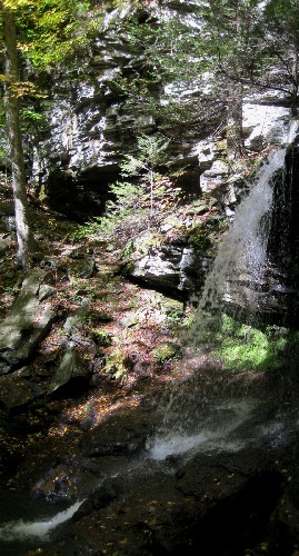 Steep, broken rocks with trees alongside a waterfall